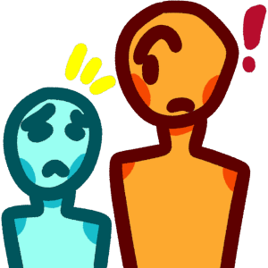 A light blue person looking mildly distressed up at a taller yellow person who is looking down at them. There are three yellow lines coming off of the blue person. A red exclamation mark is next to the yellow person.